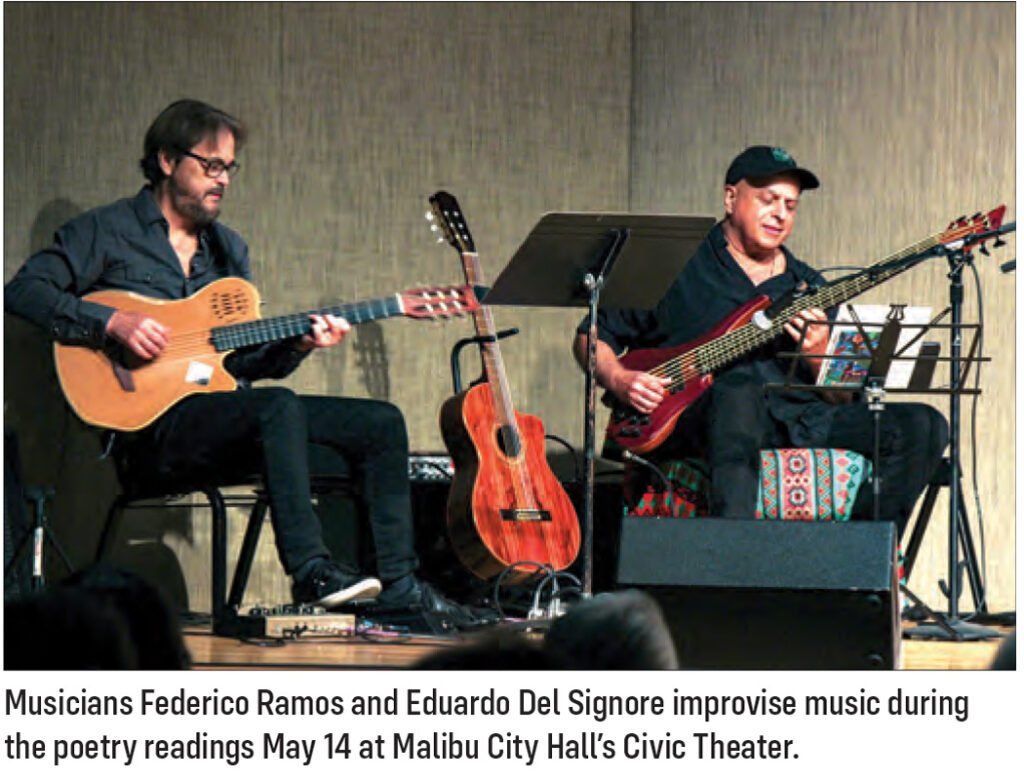Musicians Federico Ramos and Eduardo Del Signore improvise music during the poetry readings of May 14 at Malibu City Hall's Civic Theater.