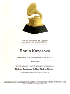 The Recording Academy presents this certificate to Sonia Kazarova, Vocalist.