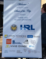 Welcome board for the 2022 Malibu State of the City, sponsored by International Protective Service, HRL Labs, Edison International, Pepperdine, UCLA Health, Wells Fargo, SoCalGac, Malibu Pacific Church, Santa Monica College, McDonalds, Vivid Candi, Howdy's, Jeff Harris MD, THE PARK AT CROSS CREEK, OOOcure, Artify Life, AC2P, Res Ispa.